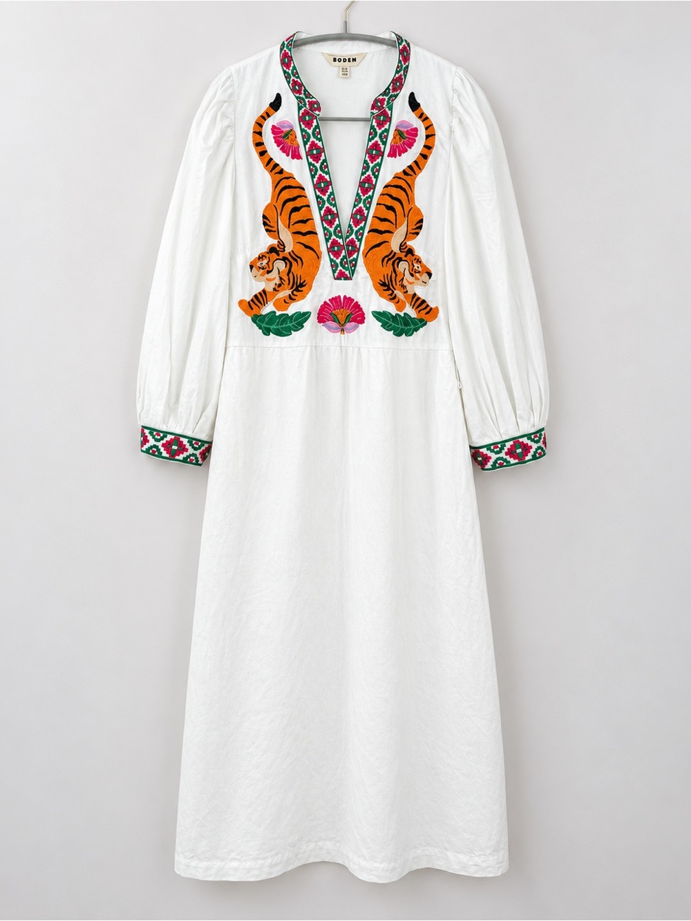 Boden Octavia Tiger Embroidery Linen Blend Maxi Dress Size 10 White - Picture 3 of 16